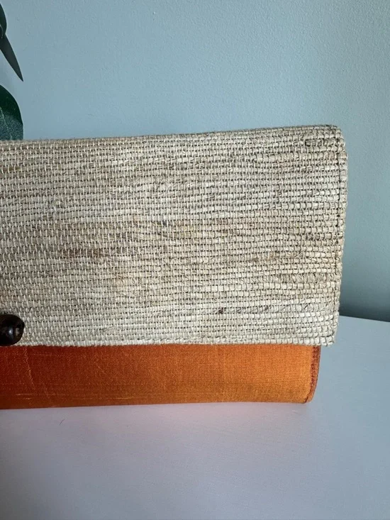 Handmade Vintage Woven Straw Coastal Clutch Orange Silk Boho Beach Resort Bag - Picture 4 of 10